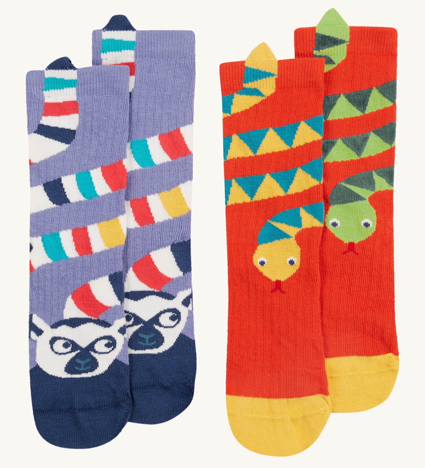 Frugi kids character 2 pack socks - GOTS organic cotton Frugi socks 2 pack  with a purple sock featuring a lemur design and a orange sock with yellow toe panels featuring a yellow and green snake design.