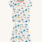 Frugi kids snooze wildlife pyjama set - GOTS organic cotton kids 2 piece pyjama set with a short sleeve top with orange neck trim and white shorts. Features prints of different wild animals.