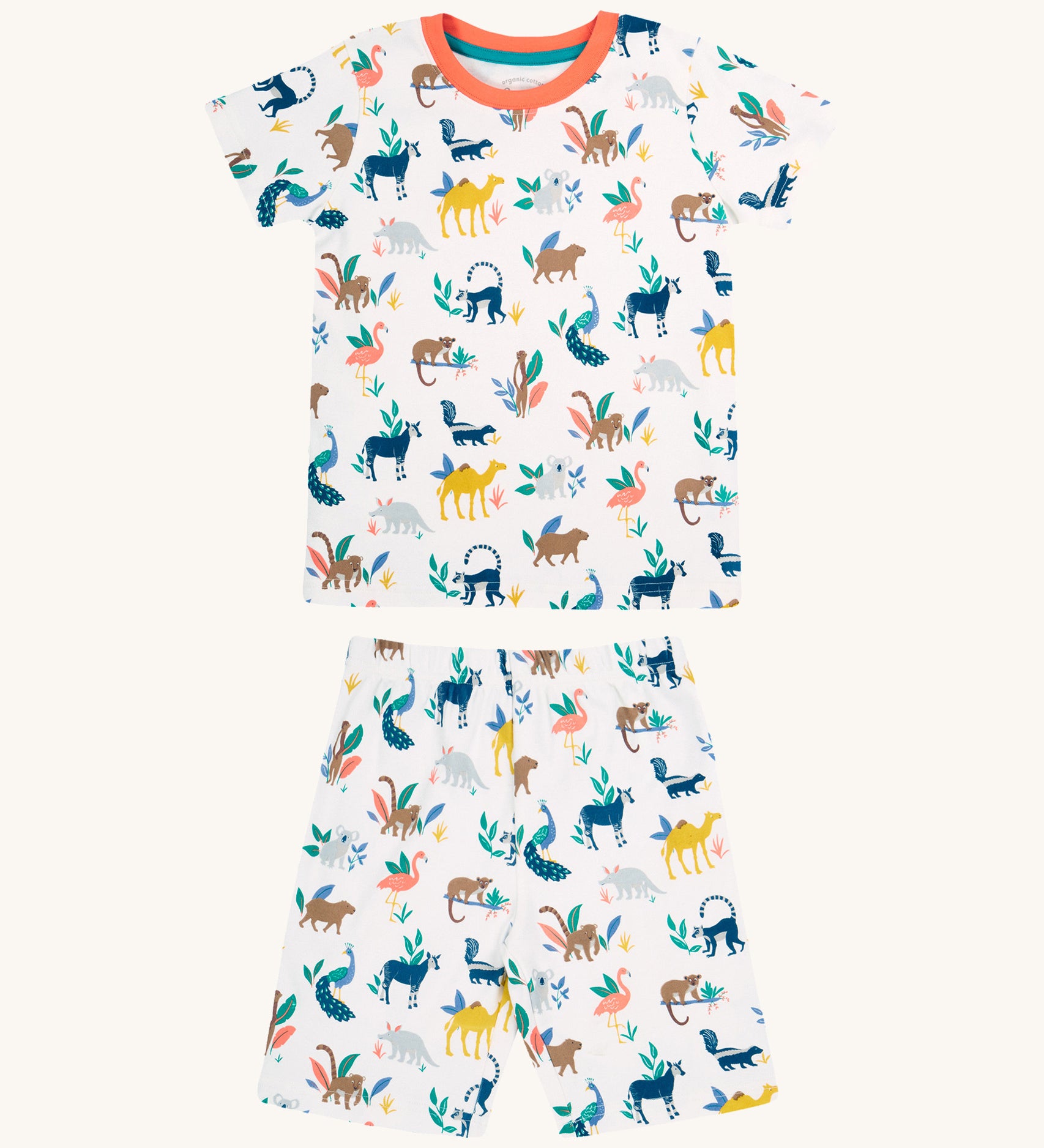 Frugi kids snooze wildlife pyjama set - GOTS organic cotton kids 2 piece pyjama set with a short sleeve top with orange neck trim and white shorts. Features prints of different wild animals.