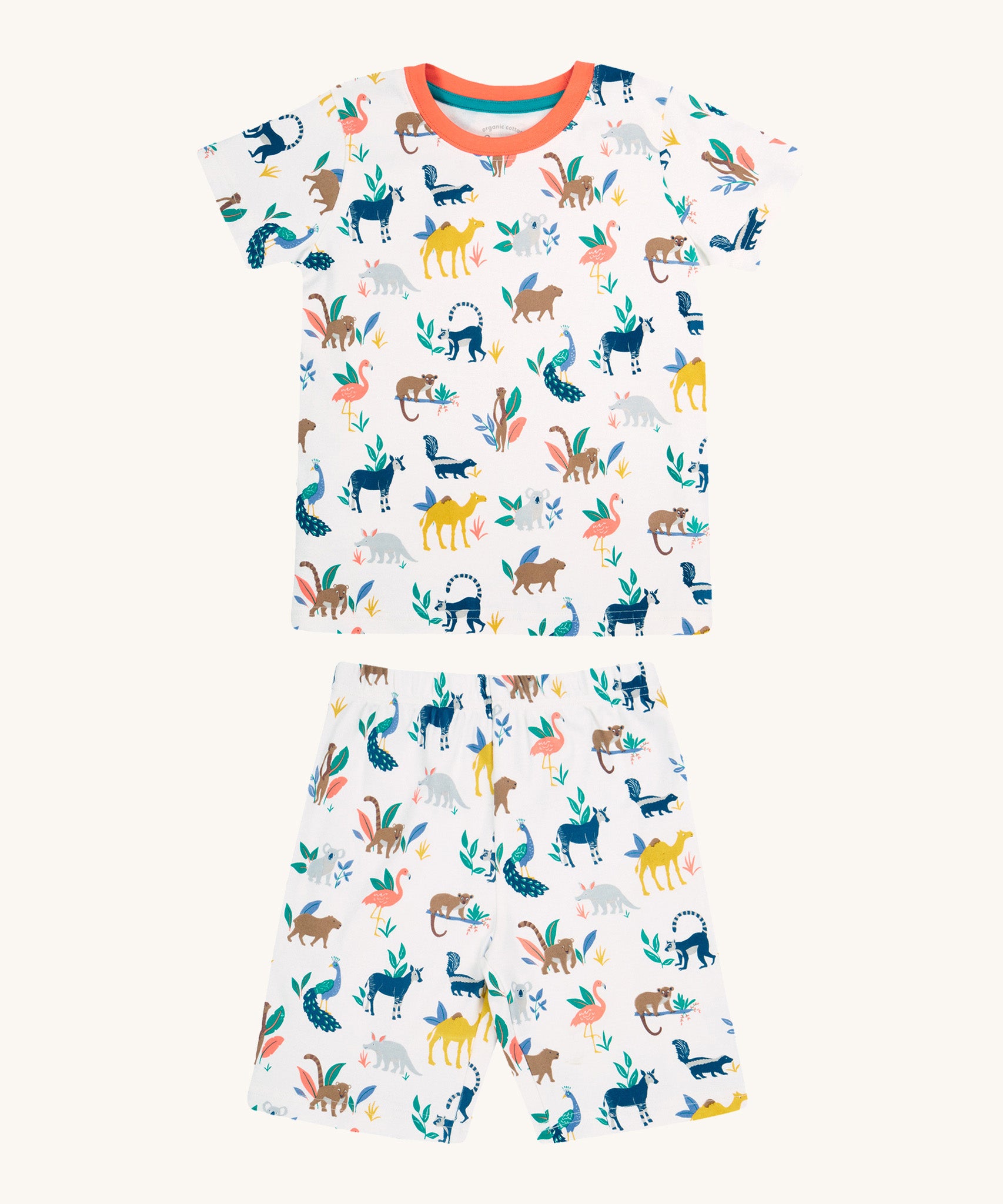 Frugi kids snooze wildlife pyjama set - GOTS organic cotton kids 2 piece pyjama set with a short sleeve top with orange neck trim and white shorts. Features prints of different wild animals.