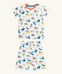 Frugi kids snooze wildlife pyjama set - GOTS organic cotton kids 2 piece pyjama set with a short sleeve top with orange neck trim and white shorts. Features prints of different wild animals.