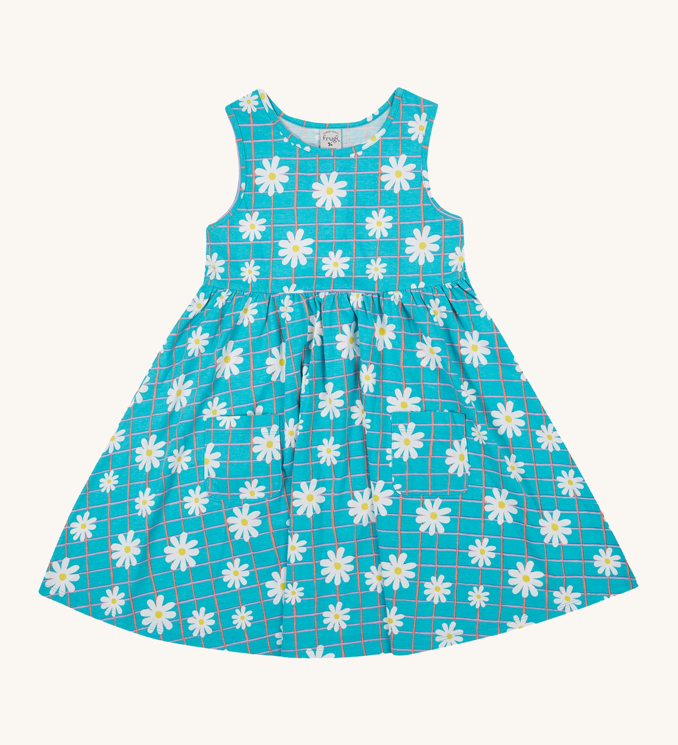 Frugi kids summer holiday dress - GOTS organic cotton kids sleeveless dress in blue check and daisy design. Features two small pockets on the front.