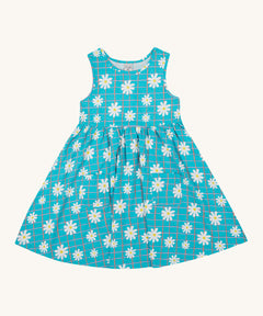 Frugi kids summer holiday dress - GOTS organic cotton kids sleeveless dress in blue check and daisy design. Features two small pockets on the front.