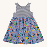 Frugi kids summer holiday dress lemur laughs- GOTS organic cotton kids sleeveless summer dress with a navy and white stripe top half and lemurs on the bottom half surrounded by different coloured leaves  on purple organic cotton fabric