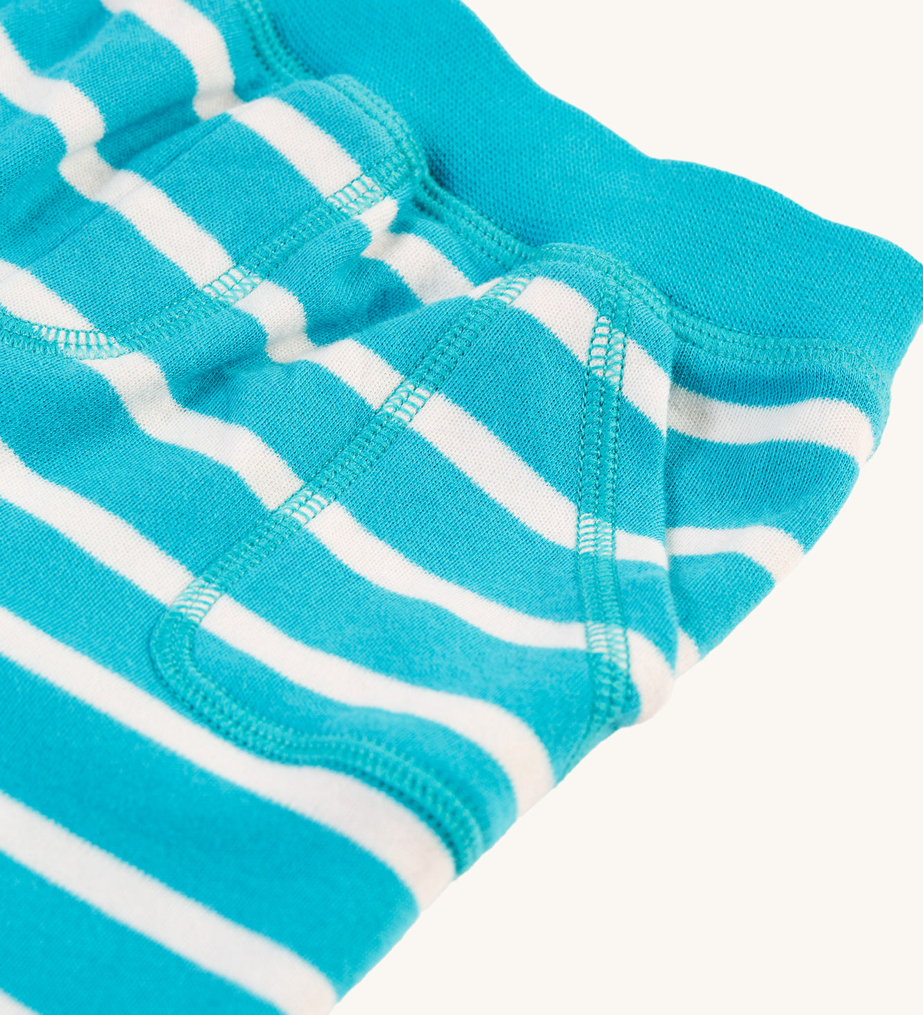  light aqua blue and white Breton striped shorts have a comfy elasticated waistband and two handy pockets