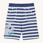 Frugi kids sunny koala big stripe short - GOTS organic cotton kids shorts in navy and white stripes with a navy waist band. Features two front pockets with white stitch trim and a koala appliqué