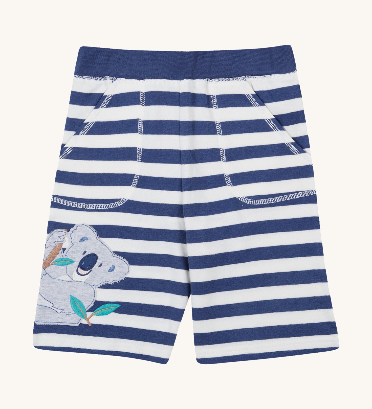 Frugi kids sunny koala big stripe short - GOTS organic cotton kids shorts in navy and white stripes with a navy waist band. Features two front pockets with white stitch trim and a koala appliqué