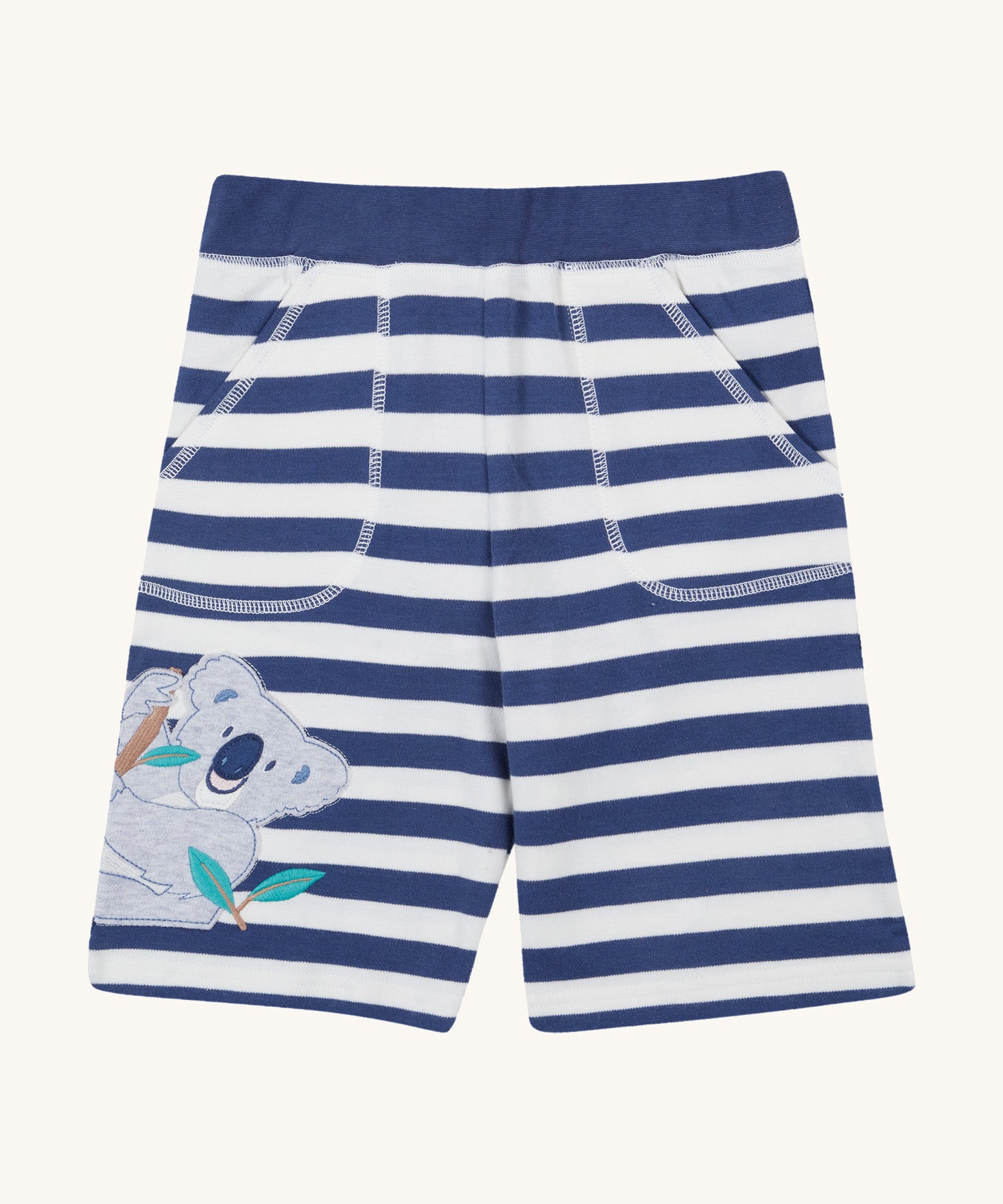 Frugi kids sunny koala big stripe short - GOTS organic cotton kids shorts in navy and white stripes with a navy waist band. Features two front pockets with white stitch trim and a koala appliqué