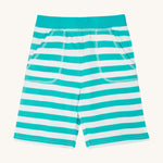 Frugi kids sunny sea moss short - GOTS organic cotton kids shorts in light blue white stripes with a light blue waist band. Features two front pockets with white stitch trim