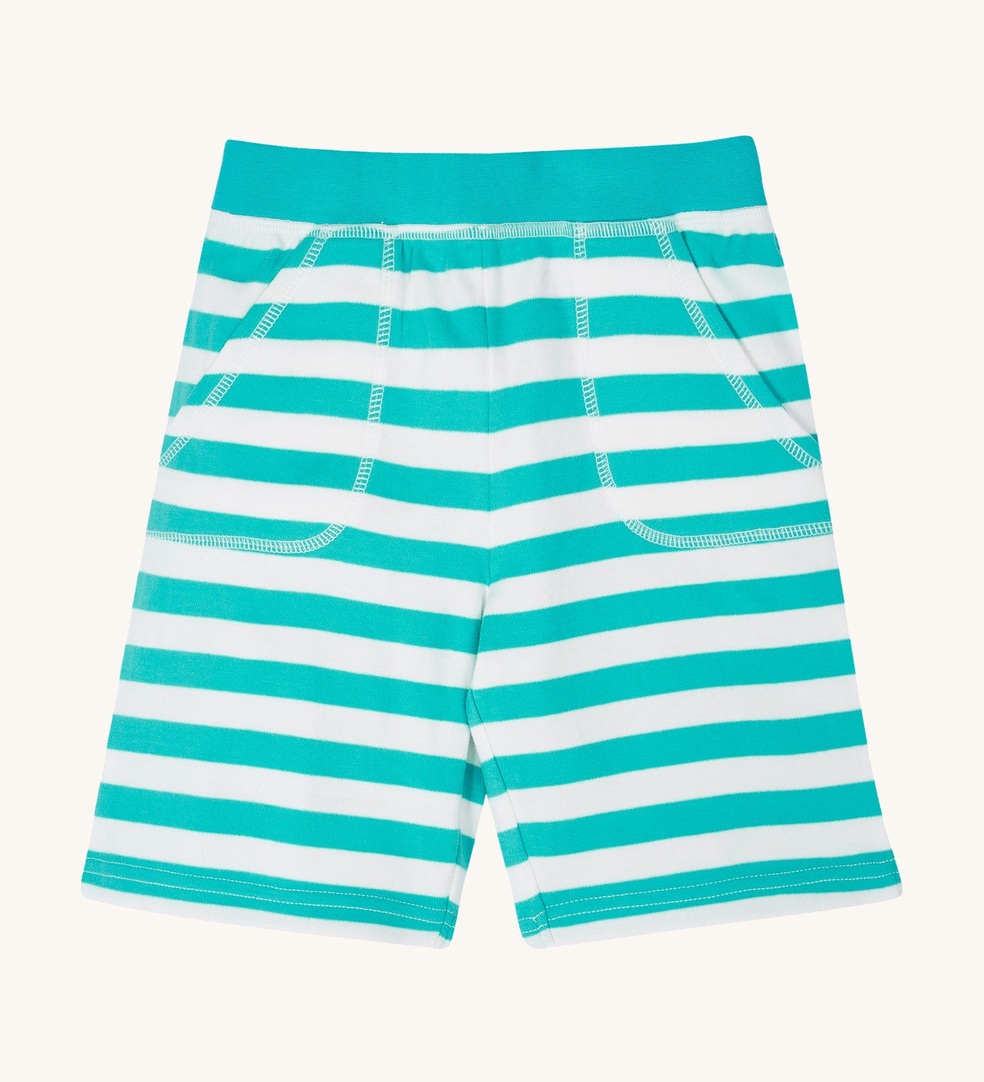 Frugi kids sunny sea moss short - GOTS organic cotton kids shorts in light blue white stripes with a light blue waist band. Features two front pockets with white stitch trim