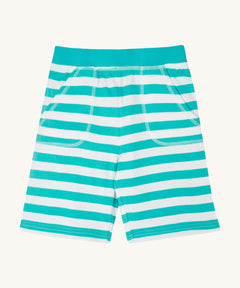 Frugi kids sunny sea moss short - GOTS organic cotton kids shorts in light blue white stripes with a light blue waist band. Features two front pockets with white stitch trim