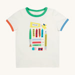 Frugi let's create white Xavier t-shirt - GOTS organic cotton kids t-shirt in white, short sleeves with orange and blue trim on the sleeves and a green trim on the neck line. Features an appliqué and prints of different arts and crafts tools including a brush, pencils, paint, crayons, eraser and a sharpener 