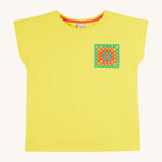 Frugi kids yellow crochet pocket t-shirt - GOTS organic cotton kids tshirt in yellow with short sleeve and a green, orange and blue crochet front pocket.