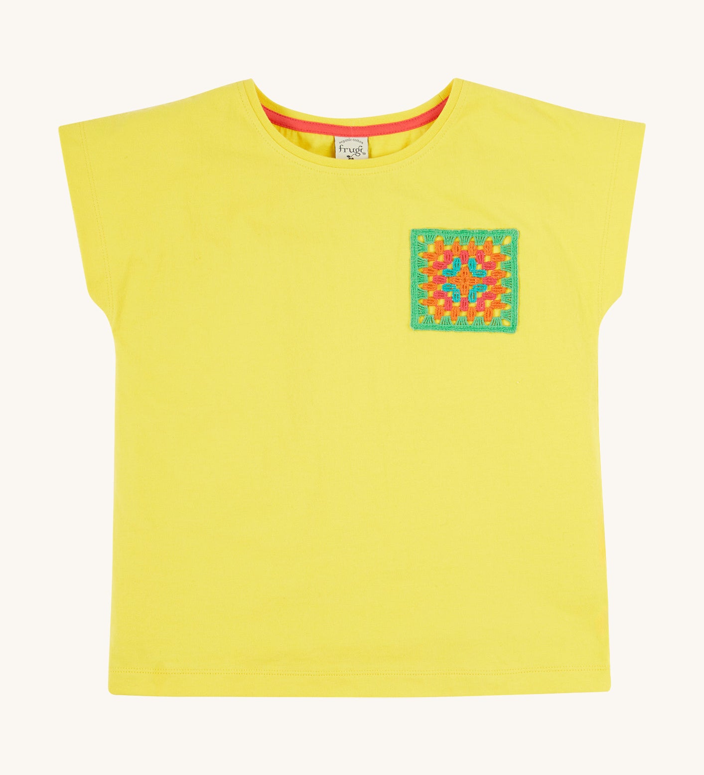 Frugi kids yellow crochet pocket t-shirt - GOTS organic cotton kids tshirt in yellow with short sleeve and a green, orange and blue crochet front pocket.