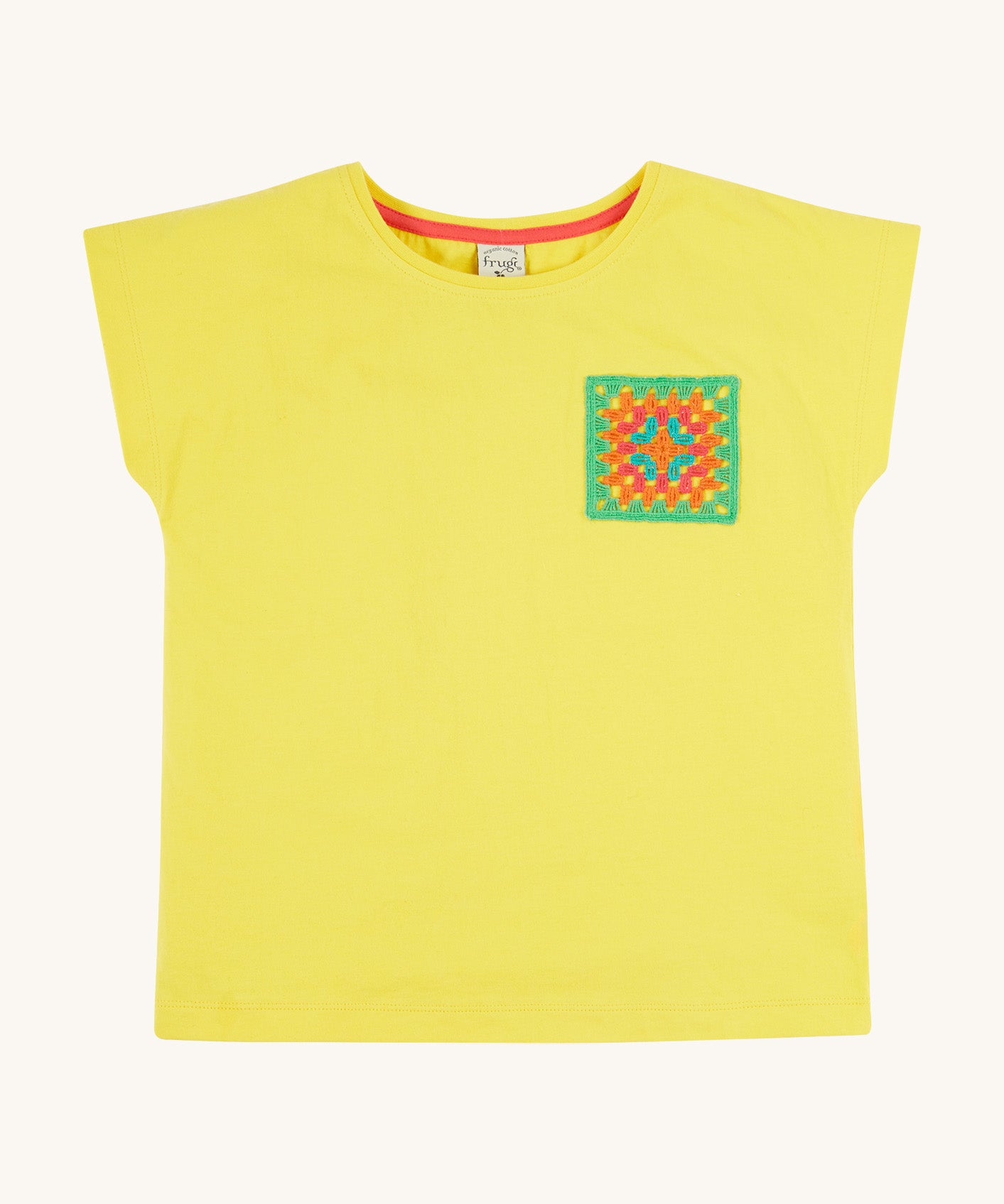 Frugi kids yellow crochet pocket t-shirt - GOTS organic cotton kids tshirt in yellow with short sleeve and a green, orange and blue crochet front pocket.