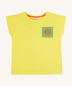 Frugi kids yellow crochet pocket t-shirt - GOTS organic cotton kids tshirt in yellow with short sleeve and a green, orange and blue crochet front pocket.