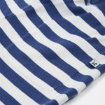 Close up of the Frugi kids sunny koala big stripe short showing the back pocket detail on navy and white organic cotton fabric