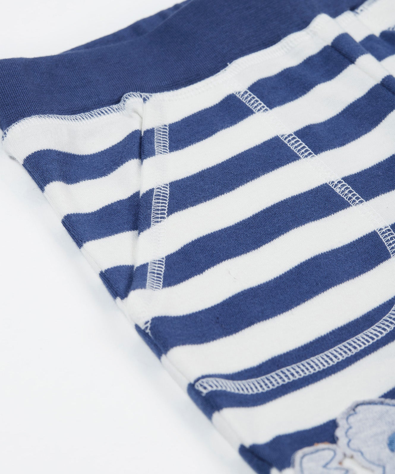 Close up of the Frugi kids sunny koala big stripe short showing the front pocket detail on navy and white organic cotton fabric