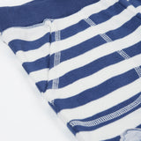 Close up of the Frugi kids sunny koala big stripe short showing the front pocket detail on navy and white organic cotton fabric