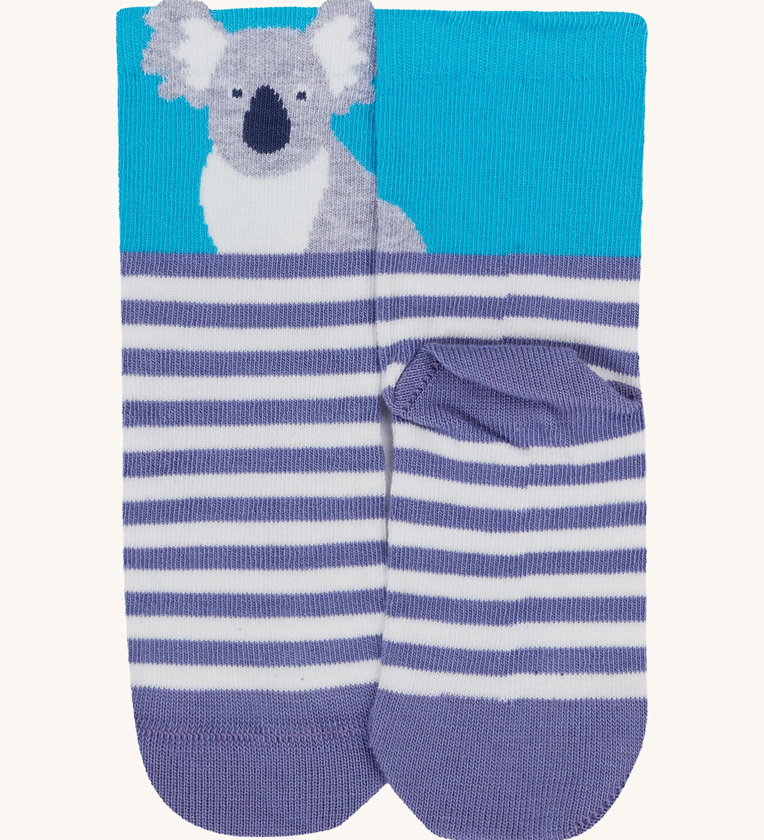 A close up of the Frugi koala sock. Showing the koala design on the light blue cuff on purple and white stripe organic cotton fabric