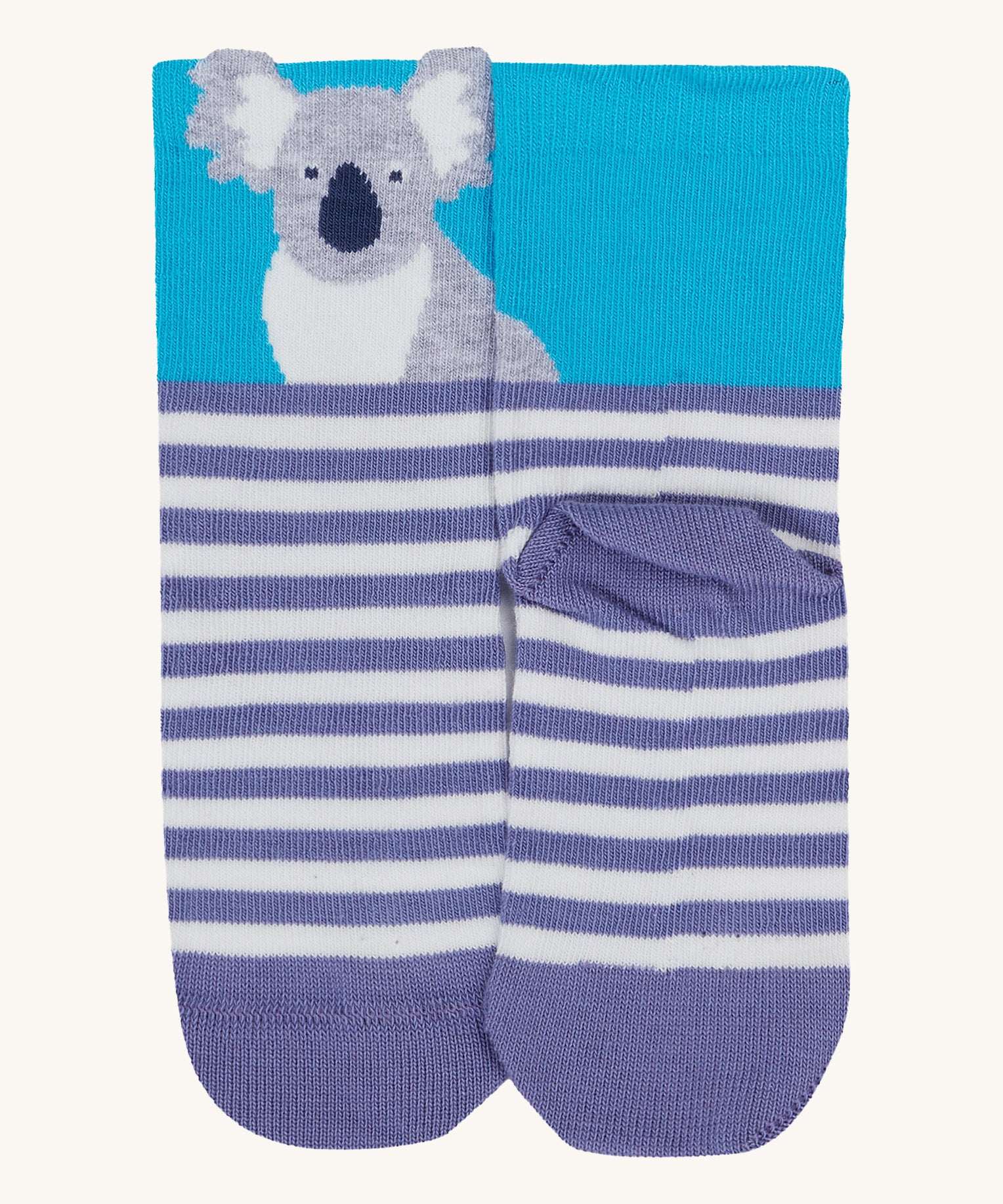 A close up of the Frugi koala sock. Showing the koala design on the light blue cuff on purple and white stripe organic cotton fabric