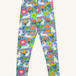 Frugi kids bunny bounce libby leggings - GOTS organic cotton kids light purple leggings. Features a flower and rainbow design with white bunny rabbits. 