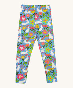 Frugi kids bunny bounce libby leggings - GOTS organic cotton kids light purple leggings. Features a flower and rainbow design with white bunny rabbits. 