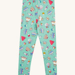 Frugi kids let's bake libby leggings - GOTS organic cotton light green leggings with different cakes, puddings and ice creams designs.