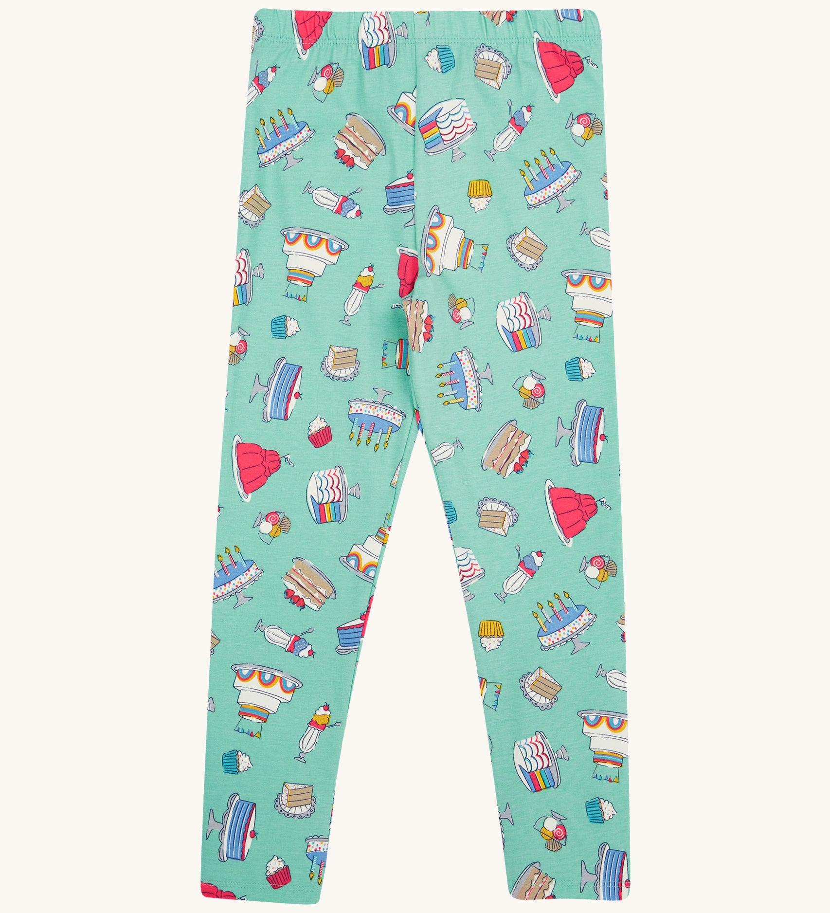 Frugi kids let's bake libby leggings - GOTS organic cotton light green leggings with different cakes, puddings and ice creams designs.