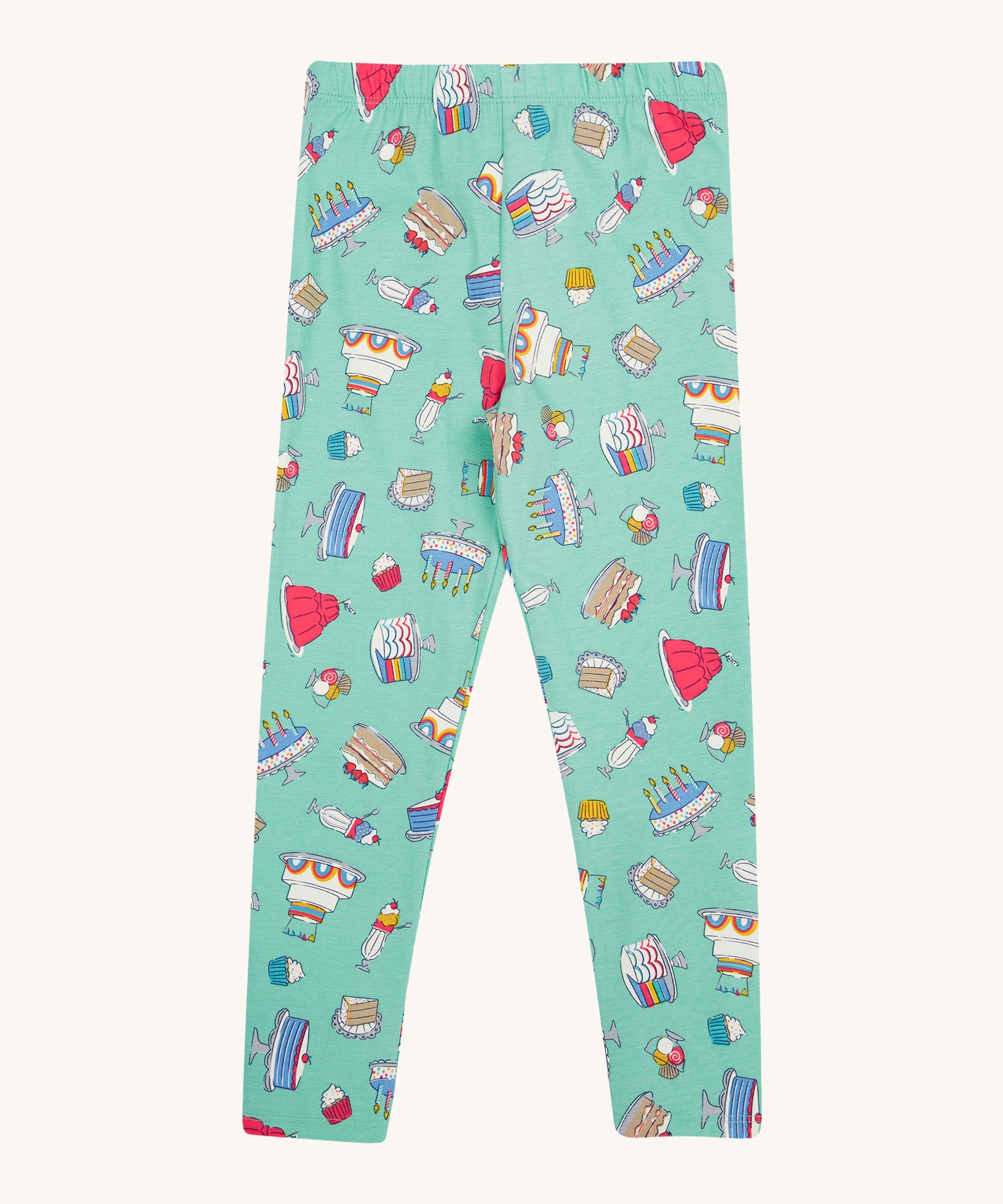 Frugi kids let's bake libby leggings - GOTS organic cotton light green leggings with different cakes, puddings and ice creams designs.