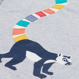 A close up of the Frugi kids grey marl lemur character t- shirt. showing the lemur applique and multicoloured tail on grey marl organic cotton fabric