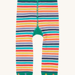 Frugi baby knitted lemur leggings - GOTS organic cotton baby knitted leggings with multicoloured stripes and stars on the green waist and leg cuff 