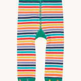 Frugi baby knitted lemur leggings - GOTS organic cotton baby knitted leggings with multicoloured stripes and stars on the green waist and leg cuff 