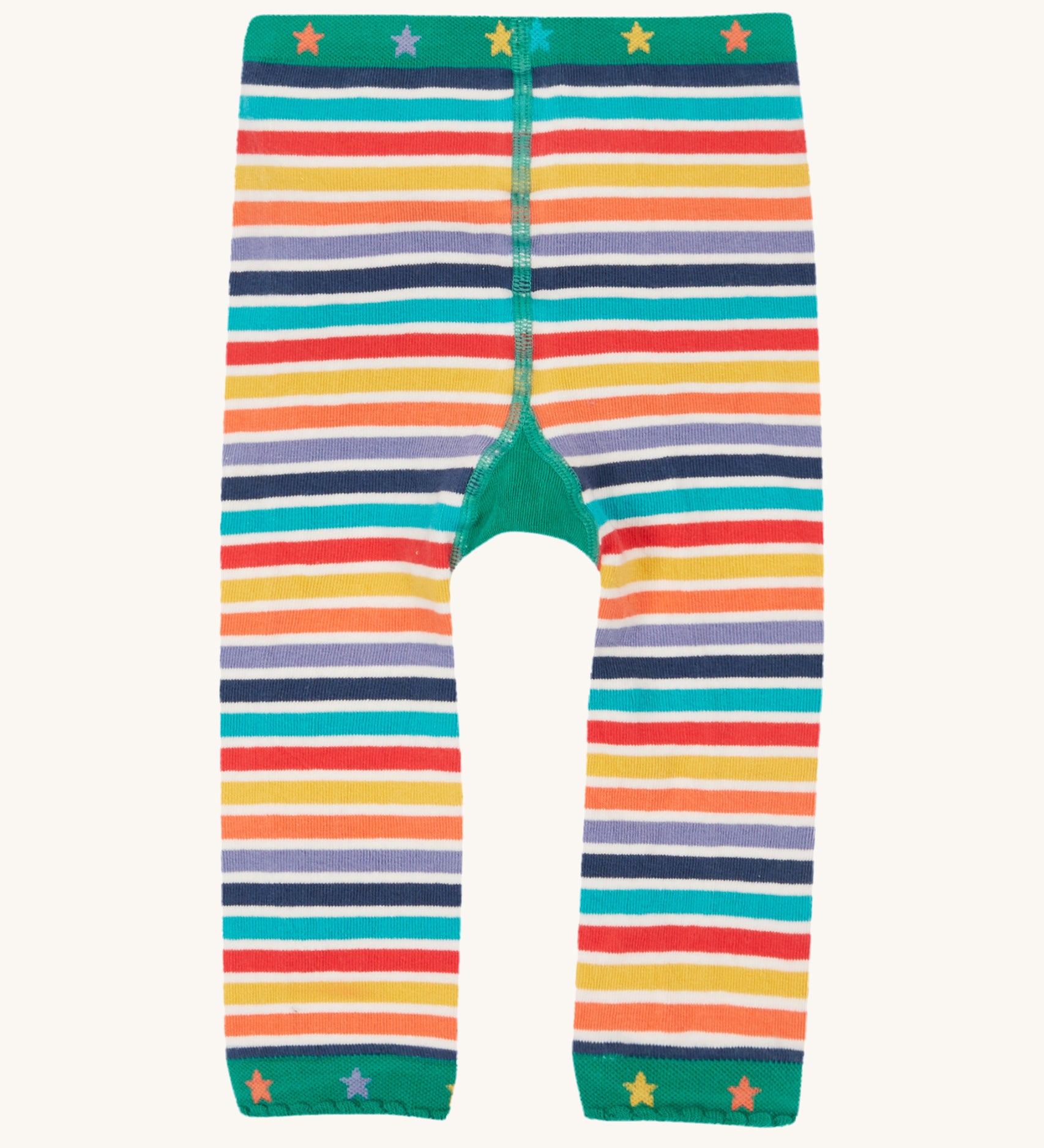 Frugi baby knitted lemur leggings - GOTS organic cotton baby knitted leggings with multicoloured stripes and stars on the green waist and leg cuff 