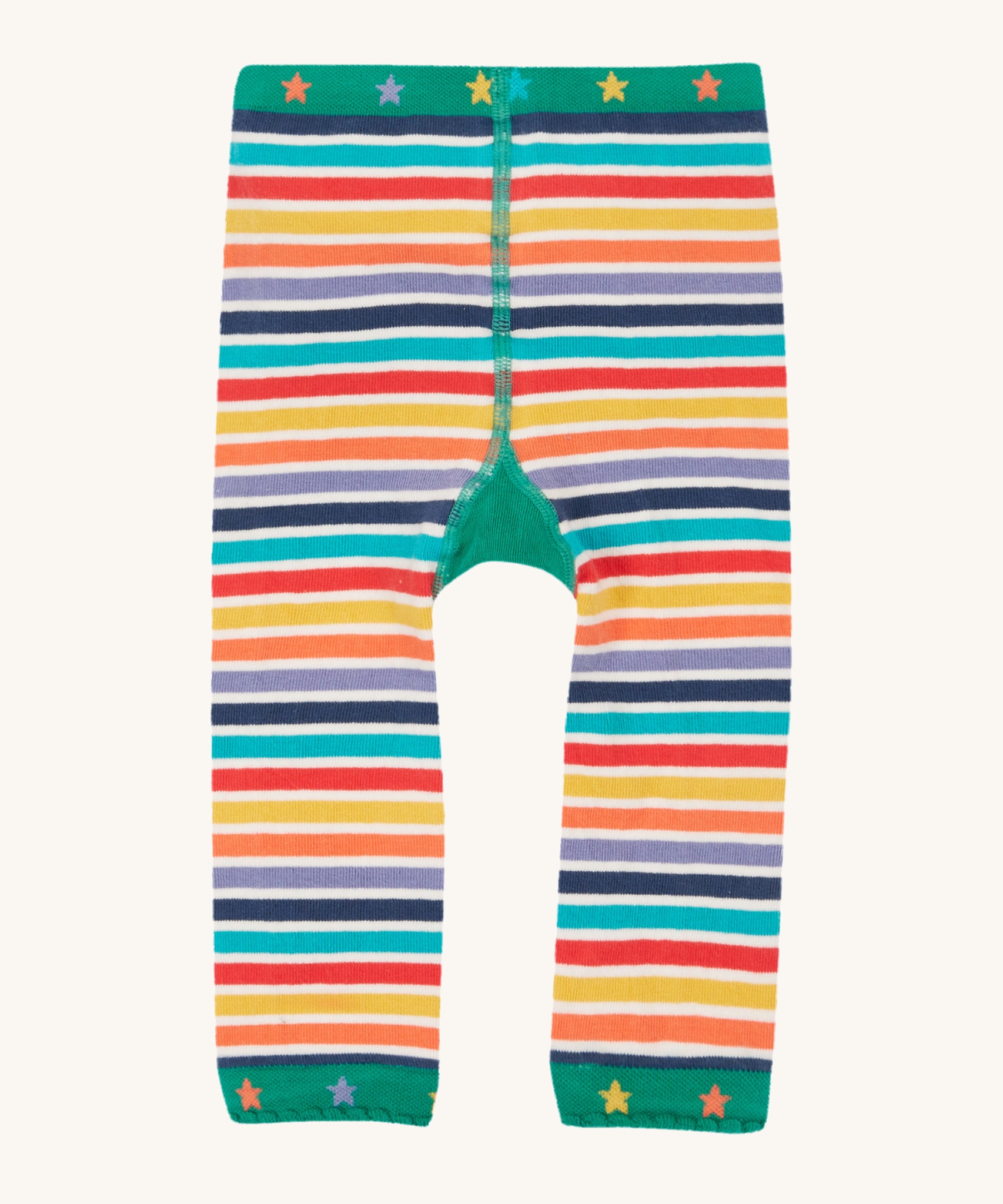 Frugi baby knitted lemur leggings - GOTS organic cotton baby knitted leggings with multicoloured stripes and stars on the green waist and leg cuff 