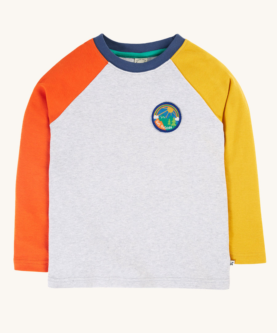 Frugi Leo Raglan Top in Grey Marl featuring a Get Outside design on a plain background. 