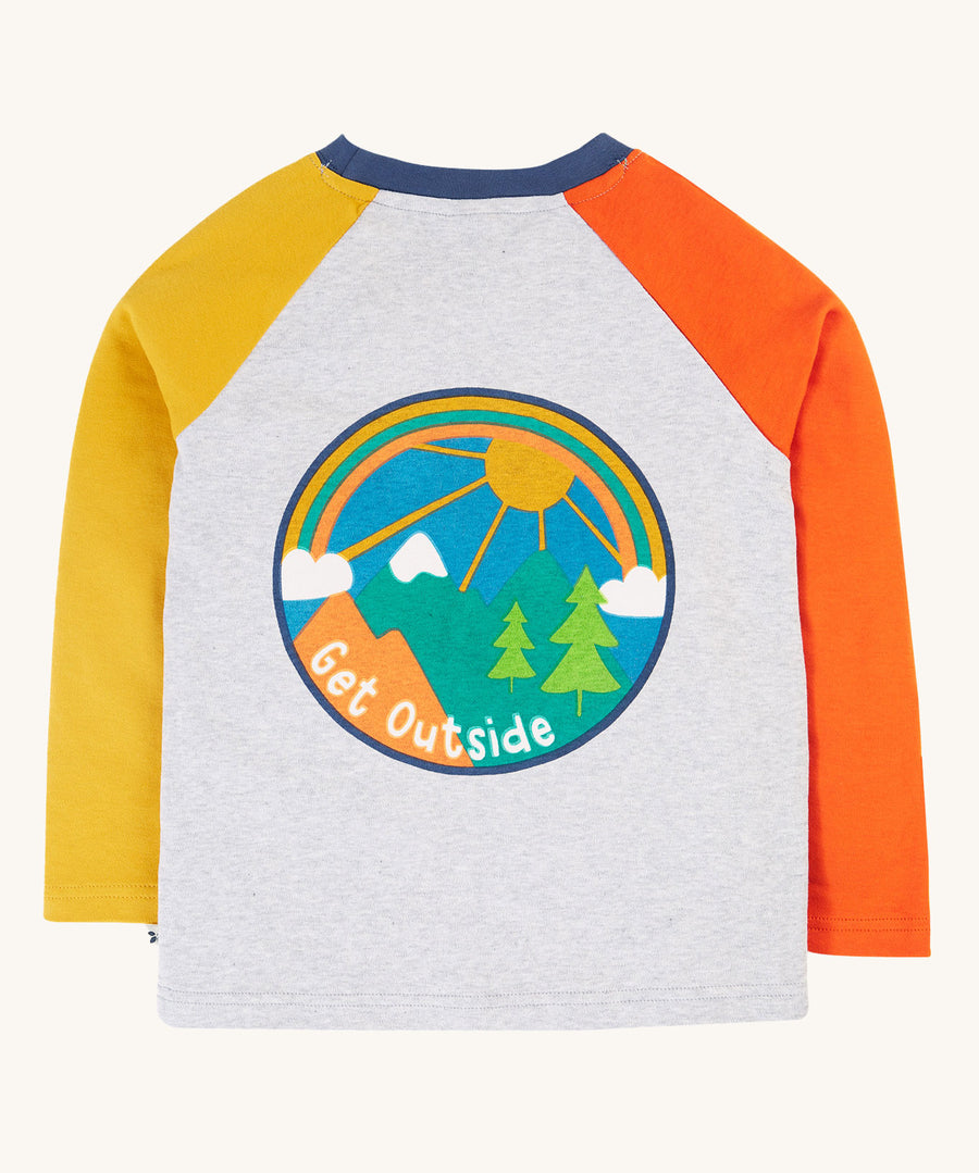 The back of the Frugi Leo Raglan Get Outside top featuring a get outside graphic in a large circle. 