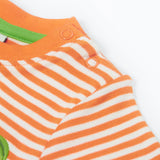 Close up of the the Frugi kids lifeboat stripe, apple t-shirt. Showing the popper fastener detail on orange and white striped organic cotton fabric 