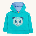 Frugi kids oversized blue panda hoodie - GOTS organic cotton kids oversized light blue hoodie with pastel blue lining on the hood. Features a white and navy panda embroidery on the front