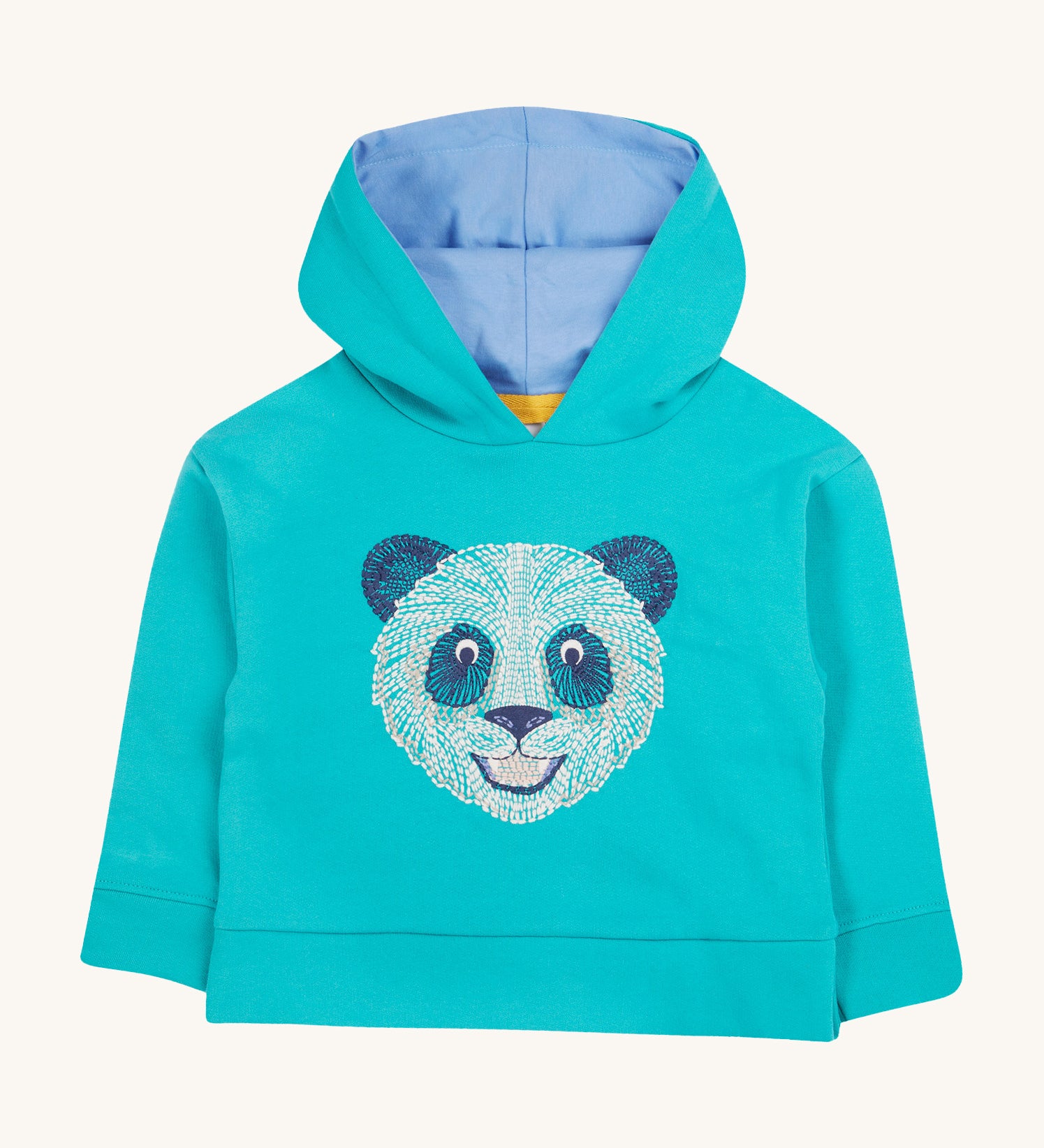 Frugi kids oversized blue panda hoodie - GOTS organic cotton kids oversized light blue hoodie with pastel blue lining on the hood. Features a white and navy panda embroidery on the front