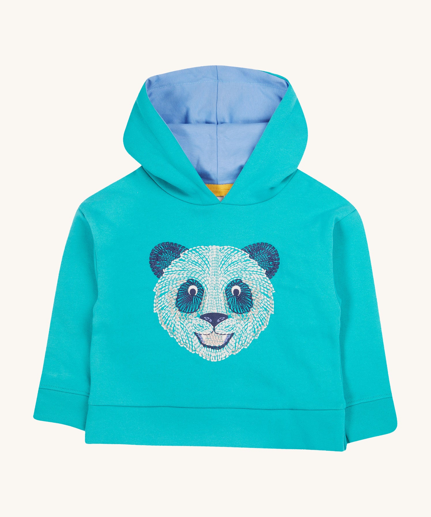 Frugi kids oversized blue panda hoodie - GOTS organic cotton kids oversized light blue hoodie with pastel blue lining on the hood. Features a white and navy panda embroidery on the front