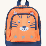 Little Adventurers Backpack - Salamander/Tiger. Made from post-consumer recycled plastic, this Little Adventurers Backpack from Frugi comes in an orange and navy blue Tiger print. This bag has a interactive tiger ears, a detachable rein, two zipped pocket