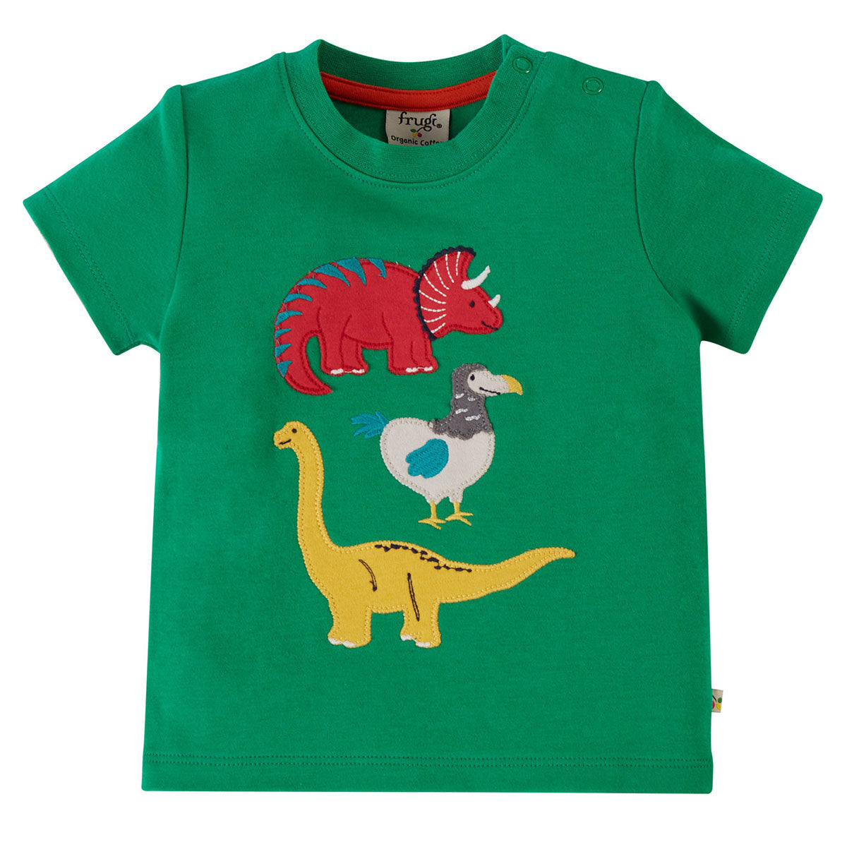 Frugi Little Creature Ribbit Green Dinos Applique Top pictured on a plain white background