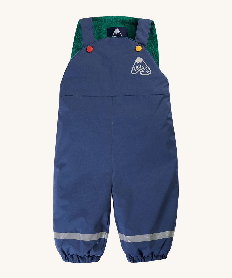 Frugi Children's Little Waterproof Dungarees - Navy Blue, with a Navy blue outer and fleece green inner lining