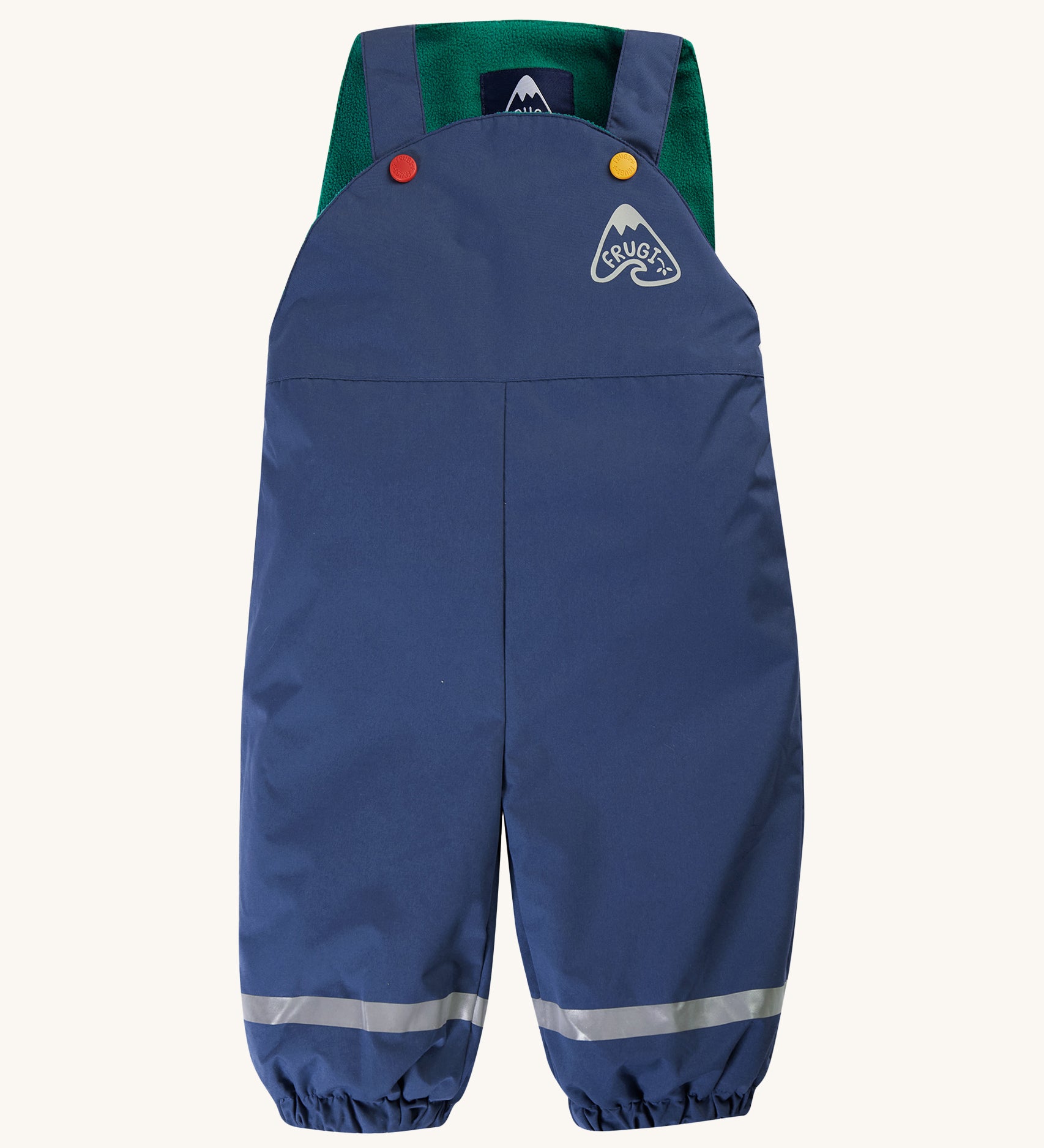 Frugi Children's Little Waterproof Dungarees - Navy Blue, with a Navy blue outer and fleece green inner lining