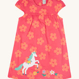 Frugi little Lola floral fun / horse dress - GOTS organic cotton baby dress in light pink with short sleeves and a light blue inside neck trim. Features a white horse appliqué with light green hair next to appliqué flowers surrounded with printed flowers