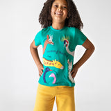 A child wearing a Frugi  Long Neck Pals Carsen Applique organic cotton T-Shirt