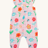 Frugi baby Lula paint a floral playsuit - GOTS organic cotton baby playsuit with white and red check, light ruffle on the shoulder. Features a print of yellow bees and different coloured flowers. 