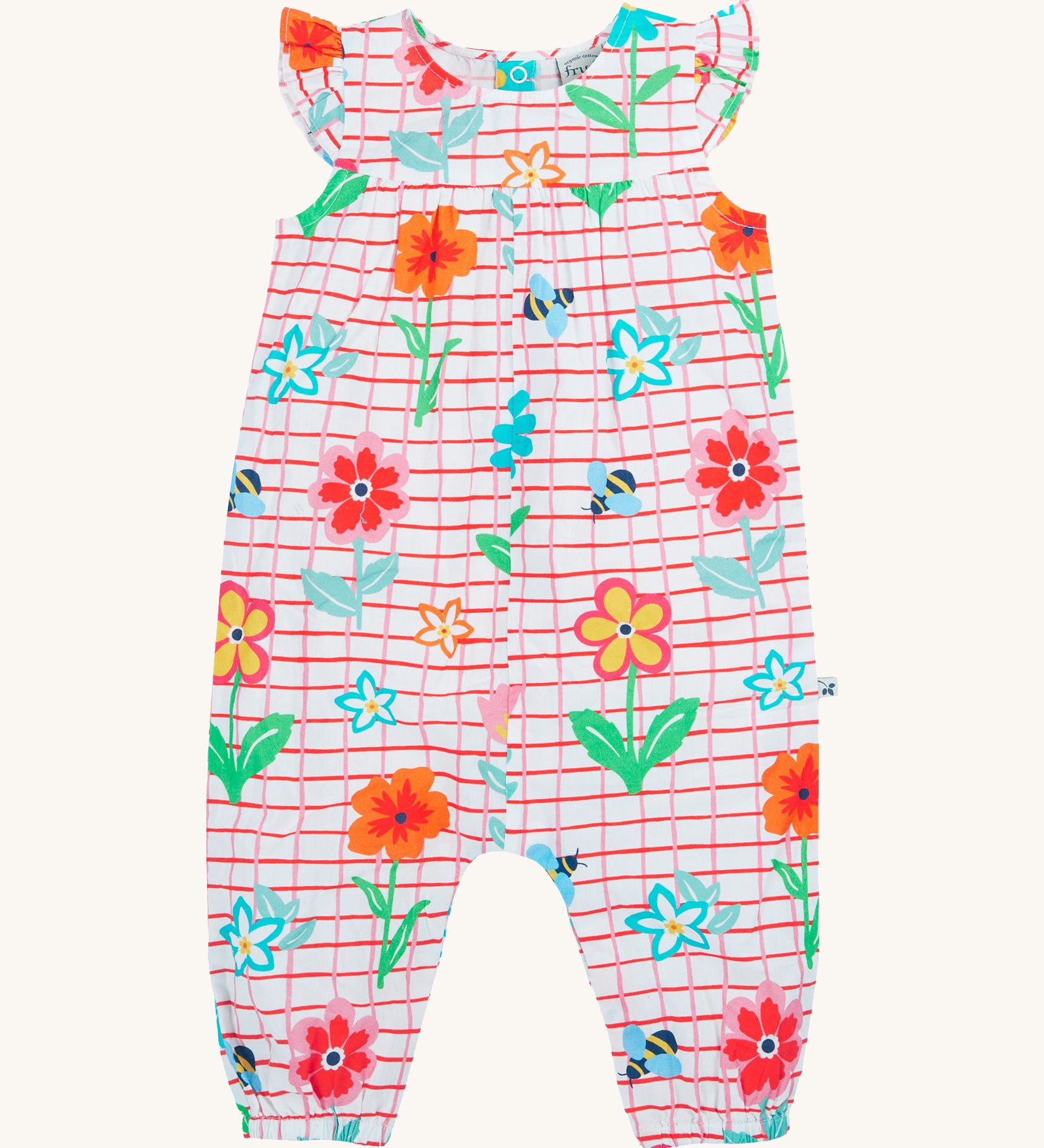 Frugi baby Lula paint a floral playsuit - GOTS organic cotton baby playsuit with white and red check, light ruffle on the shoulder. Features a print of yellow bees and different coloured flowers. 