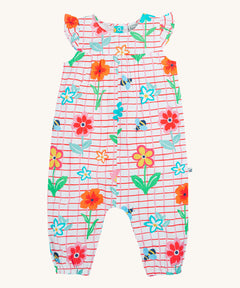 Frugi baby Lula paint a floral playsuit - GOTS organic cotton baby playsuit with white and red check, light ruffle on the shoulder. Features a print of yellow bees and different coloured flowers. 